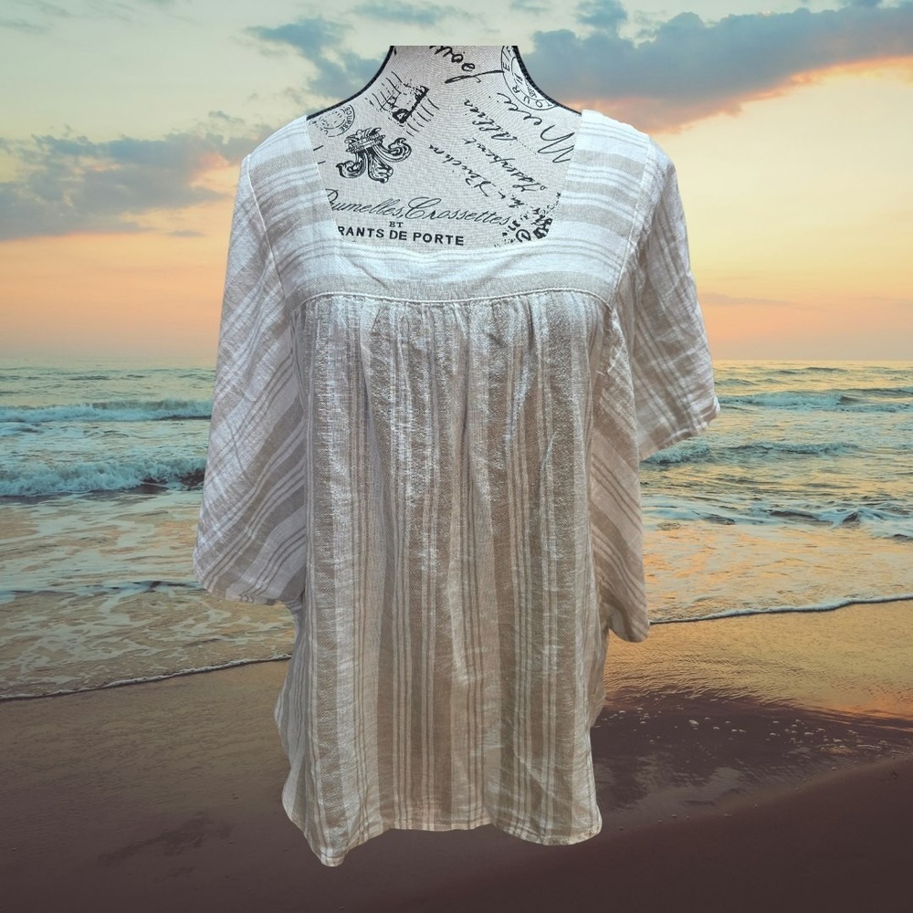 BeachLunchLounge Size M Striped Gauze‎ Top Boho Coastal Tunic Square Neck
